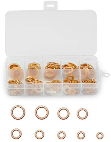 Gvolatee 200 Pièces Cuivre Rondelles Metal, Rondelles plates en cuivre Bague d'étanchéité, Joints plats en laiton avec boîte de tri, convient aux fixations à vis (M5/M6/M8/M10/M12/M14)