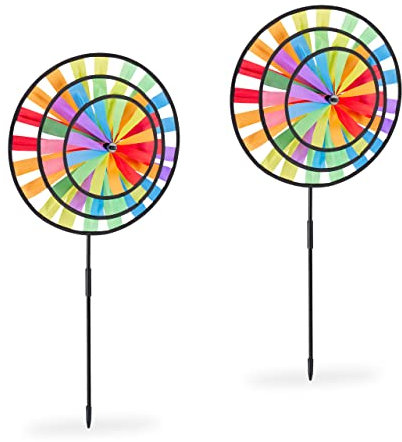 Relaxdays Windrad, 2er Set, Regenbogen-Design, Kinder, Windspielstecker für Balkon & Garten, HBT: 72 x 35 x 15 cm, bunt