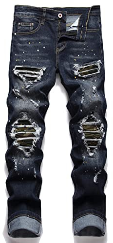 AITITIA Men's Biker Zipper Deco Washed Straight Fit Jeans, 6621 Blue, 34