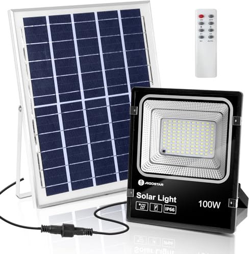 Aigostar - Foco proyector LED solar con mando a distancia,100W,6500K luz blanca.Resistente al agua IP66.Perfectos para interior y exterior jardín,patios,caminos o garajes,Longitud de cable 2M.