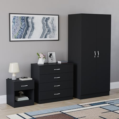 Vida Designs Riano 3 Piece Bedroom Furniture Set - 1 Drawer Bedside Chest, 4 Drawer Chest, 2 Door Wardrobe - Black