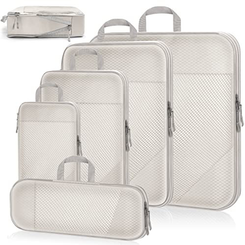 REETEE Organizador de Equipaje 5 Sets Bolsas Organizador de Maleta, Organizadores de Viaje de Compresión Expandibles, Packing Cubes Para Ropa (Beige)