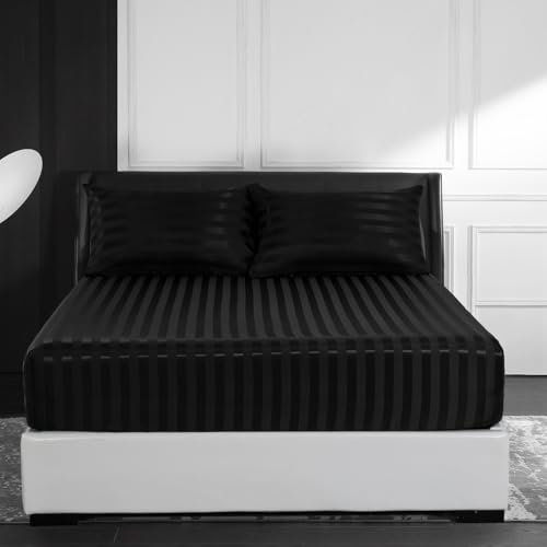 Satin Spannbettlaken Boxspringbett 180x200 cm Glänzend Schwarz Glanzsatin Kühlende Luxus Muster Topper Bettlaken Glatt Seide Spannbetttücher Leintuch 180 x 200 Hohe Matratze bis 25-30 cm