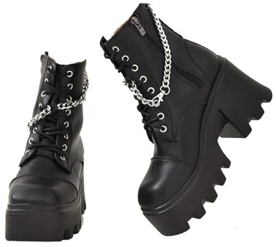 LeaHy Botas de tacón Alto Plataforma de cuña para Mujer PU Cadena Cremallera Lateral Botines con Cordones,Negro,36 EU