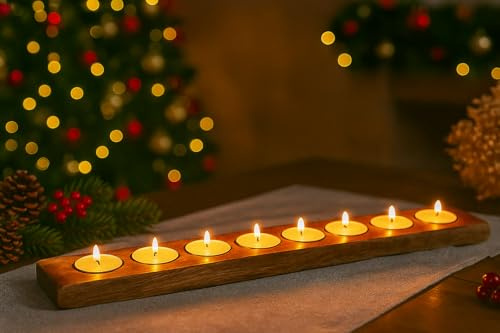 Marco Paul Heart Shape Wooden Tray for 3 Tealights – Mango Wood Tealight Candles Holder – Tea Light Candle Holders Dining Table Home Decoration & Christmas Table Centrepiece (9 Tealight Holder)