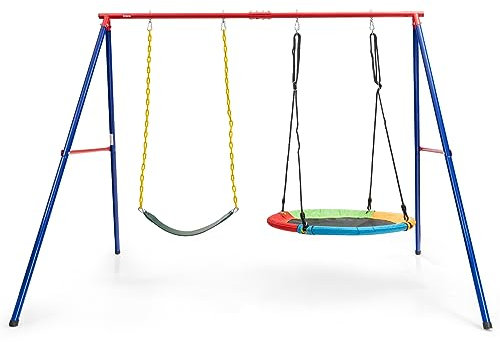 COSTWAY Kids Double Swing Set, A-Frame Metal Swings Stand with Belt Swing and Nest Swing, 2 Hanging Ways & Easy Setup Children Swing Set for Playground Garden (Red+Navy)