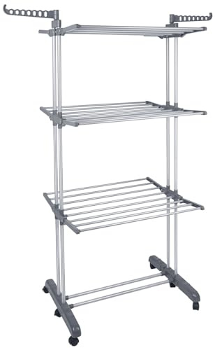 MENGDA Stendibiancheria a torre pieghevole in acciaio inox, con 6 rotoli di ali, a torre da 75 x 64 x 170 cm (grigio)