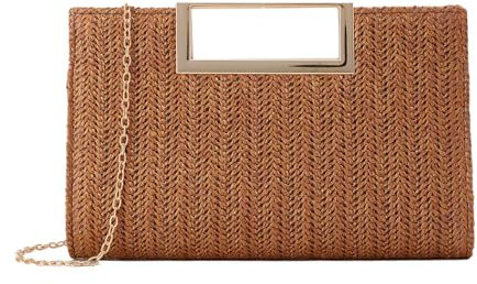 Ynport Crefreak Femmes Paille Pochette D’été Paille Dîner Sac À Bandoulière avec Chaîne En Métal Carré Sac Fourre-tout Tissé Sac À Main Pour Fête De Mariage,Marron