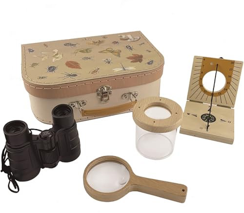 Krause & Sohn Outdoor Naturforscher-Set mit Fernglas Kompass Lupe 5-tlg. Holzspielzeug für Kinder Geburtstag Draußen Spielen Entdecker Koffer