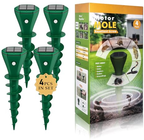 Solar Powered Mole Repellent for Lawns 4 Pack，IP65 Waterproof Mole Snake Repeller, Noiseless Design Vibrating Stake, Repels Outdoor Snakes Gophers Moles