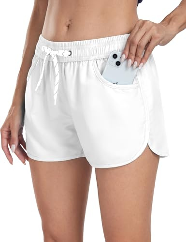 LYRIKER Badeshorts Damen Schnelltrocknend Frauen Badehose High Waist Schwimmhose mit Taschen Badebekleidung Baderock Swimming Shorts Weiß M
