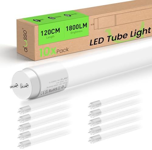 ALUSSO LED Röhre 120cm 6000K Kaltweiß, T8 1800LM 18W(ersetzt 36W) LED Leuchtstoffröhre, G13 Tube Inklusive Starter, 210° Abstrahlwinkel Röhrenlampe, 10-er Pack