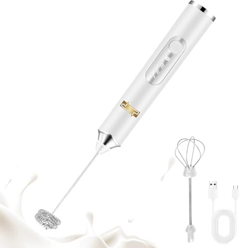 DSP Handheld Milk Frother Rechargeable, Electric Whisk for Coffee, 2 Stirring Rods 3 Speed Adjustable, Low Noise Drink Whisk for Lattes, Matcha, Hot Chocolate, Egg (Blizzard White)