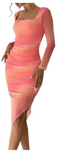GORGLITTER Women's Ombre Ruched Asymmetrical Bodycon Dresses Square Neck Long Sleeve Midi Wedding Guest Dress Orange Medium