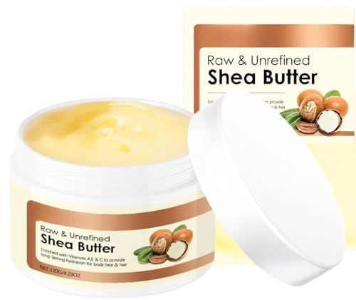 Shea Butter Organic, 120g Raw & Unrefined Shea Butter Body Moisturiser - 120g for Dry Skin, Face & Hair | Vegan, Vitamin A,E,C Enriched | Deeply Nourishes, Soothes, and Softens Long Lasting Hydration