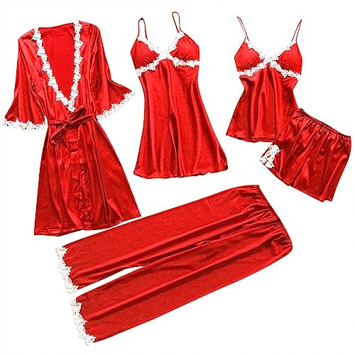 Lingerie Christmas Suit Baby Puck Underwear Women 5PC Sexy Lace Clothing Nightwear Underwear Bodysuit, red, L