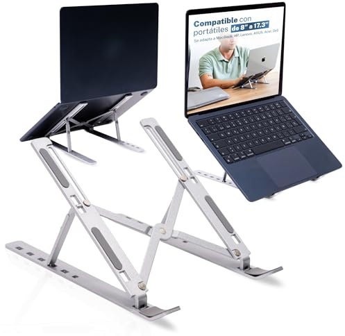 ADYTON Soporte Portátil Ajustable para Ordenador de 8 a 17.3 Pulgadas – Aleación de Aluminio, 6 Niveles, Antideslizante, Ergonómico, Plegable con Bolsa y Caja – Base Abierta para Ventilación.