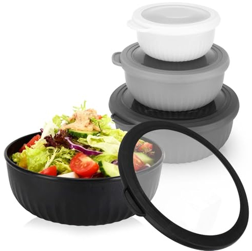 4 Pezzi Set Di Ciotole in Plastica Con Coperchio, Contenitori Plastica Con Coperchio, Bowl Mescolare, 400, 780, 1400, 2200ML, per Cucinare, Conservare, Cuocere al Forno, Frutta, Insalate