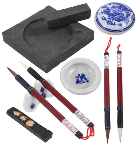 JOINPAYA Coffret de Calligraphie Chinoise Pinceaux en Poils Naturels Encre Traditionnelle et Pierre à Encre Carrée Kit Complet pour Débutants pour Peinture et Écriture Chinoise