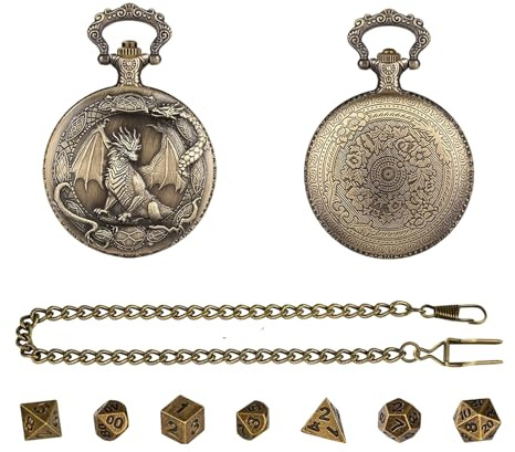 Mini Jeu De Dés – De Zinc 6,5x4,5 Cm | Jeu De Dés en Métal Polyédrique avec Poche | Boîtier De Montre De Poche Steampunk Dragon | pour Les Joueurs Adultes Jeux De Rôle Jeux De Société