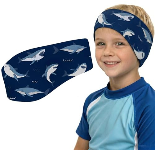 RVYEIOP Fascia Nuoto per Bambini e Adulti - Protezione Orecchie Piscina Regolabile (52-61cm) - Fascia in Neoprene per Sport Acquatici, Doccia e Mare, Design Squalo, Blu Scuro