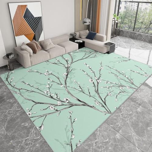 Tappeto Salotto Moderno in Flanella 180 x 240 cm Moderno Fiori Rami Di Salice Tappeto Lavabile e Antiscivolo a Pelo Corto per Camera da Letto e Soggiorno – Morbido con Stampa 3D, Verde Pallido