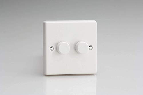Varilight - 2 Gang 1 Way 2x250 Watt Standard Dimmer Switch Classic White Plastic with White Knobs - HQ2W, 85x85x44mm