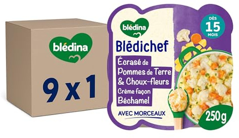 Blédina - Blédichef - Repas Bébé 15 Mois - 9 Plats Pommes de Terre Choux-Fleurs Béchamel - Petits Morceaux - 100% Ingrédients d'Origine Naturelle - Dès 15 Mois - 9 Assiettes de 250g