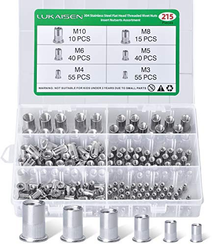 215-Piece Metric Rivet Nut Kit, M3 M4 M5 M6 M8 M10 304 Stainless Steel Threaded Inserts Nutsert Rivet Nut Assortment Kit, Flat Head Knurled Body for Automotive, Furniture, Industrial & Electrical