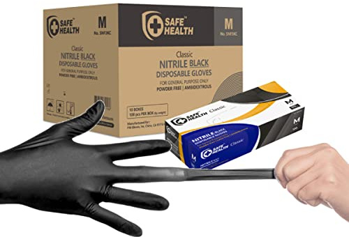 SAFE HEALTH Nitrile Black Industrial Disposable Gloves-Medium 3.5 Mil Case of 1000 Powder Free-Latex Free Tattoo-Beauty Salon-Hair Nail Studio-Auto Repair-Car Maintenance-Household-Daily
