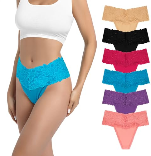 Lot de 6 strings rétro taille haute pour femme en dentelle douce Cmfy sans couture en coton, Lot multicolore 6 D, L