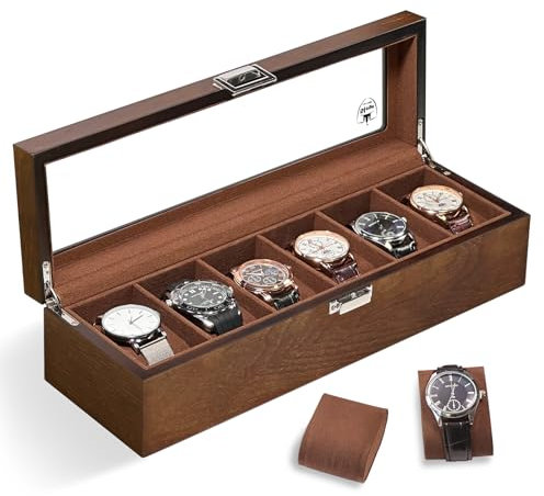 Uhrenbox aus Holz mit 6 Fächern,Uhrenetui für Herren,komplett mit Samt Ausgekleidet,Uhrenhalter Glasplatte & Uhrenkissen,Uhrengehäuse-Organizer als Geschenk für Herren und Damen(Braun) Watch Box