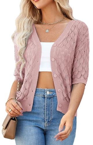 Cardigan Corto da Donna a Mezza Manica Vintage Cardigan Casual CL2656 Rosa Viola M
