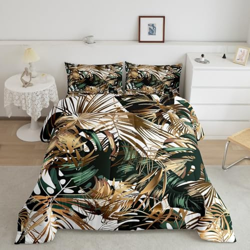 Erosebridal Palm Tree Leaves Comforter Queen Tropical Botanical Bedding Comforter Sets Hawaiian Monstera Banana Leaf Quilt Duvet Summer Retro Plant Foliage Bedding Gold Green Rainforest Room Decor
