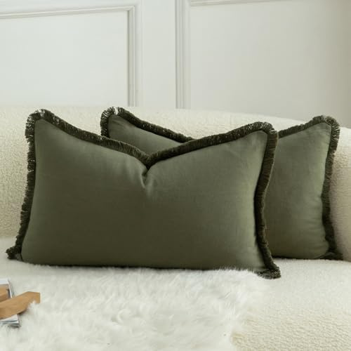 Mandioo Set of 2 Neutral Cotton Fringe Cushion Covers 30x50 cm 12x20 inch Decorative Boho Farmhouse Throw Pillowcase Cozy Tassels for Couch Sofa Bedroom Living Room Home Decor Olive Green