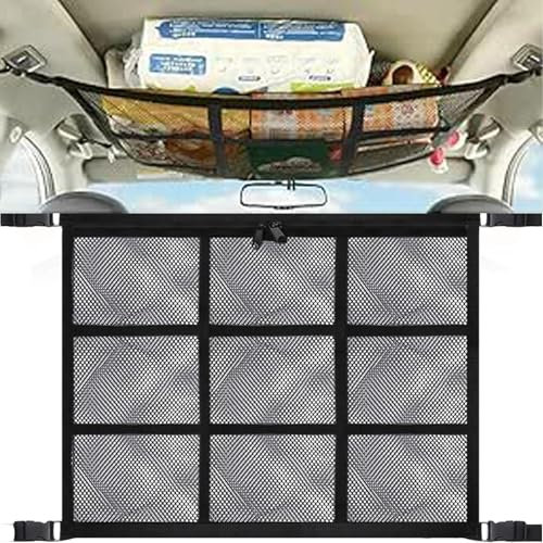 Red de equipaje para coche, 90 x 65 cm, red de almacenamiento para techo, organizador de red para cuatro respaldos de techo, SUV, furgoneta, gran accesorio de camping para viajes largos por carretera.