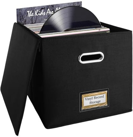ASelected Vinyl Record Storage Box 33X33X33Cm Storage Boxes Holds Up To 90 Single Records Cd Storage Case, Records Organizer for Albums, Cds, Passports, Magzine Black