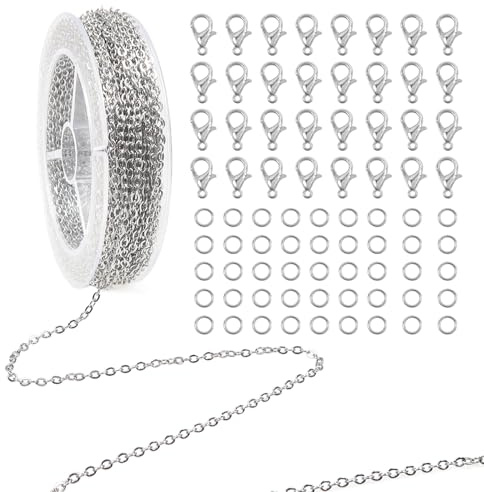 TOAOB 16 Feet Stainless Steel Chains 2mm x 3mm Silver Necklace Making Kit Jewelry Cable Link Chain with Jump Rings Lobster Clasps for Necklace Bracelet DIY Jewelry Making