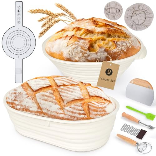 WILLONG Cestino Pane, Cestini Pane Lievitazione, Cestino del Pane Rotondo 25 cm e Cestino Pane Ovale 23 cm, Cestino per Pane e Set Completo Accessori Cottura Pane