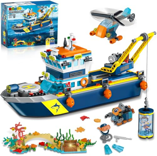 HiWEEGO City Floatable Boat Building Set with LED Light - Ocean Arctic Explorer Ship Building Block Kit with Helicopter, Sub Exploration Toy Adventure Set Birthday Gift for Kids Boys Girls 6 7 8 9 10+