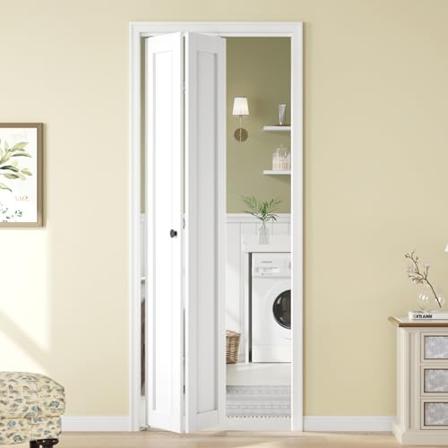 Roymelo Bifold Doors for 32x 80 Opening,1-Panel Sliding Interior Closet Folding Barn Door Slab with Concealed Hardware Kit,MDF Wood Panel,White Water-Proof PVC Surface,Preassembled,Easy Installation