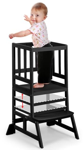 COSYLAND Torre de Aprendizaje Montessori de Niños - Torre de Aprendizaje para Bebés de 1 a 6 Años - 3 Niveles de Altura Regulable - Negro Clásico