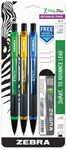 Zebra Z-Grip Plus Mechanical Pencil, 0.7mm, Bonus Lead and Erasers, Assorted Barrel Colors, Green, Yellow, Blue, 3-Count