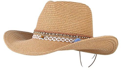 GEMVIE Summer Cowboy Cowgirl Hat Unisex Roll up Brim Fedora Straw Sun Hat Western Cowboy Hat Straw Beach Cap Brown