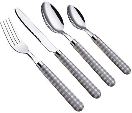 EXZACT Posate in acciaio inox 24 pezzi - Motivo a quadretti/Maniglie colorate - 6 x Forchette, 6 x Coltelli, 6 x Cucchiai Cena, 6 x Cucchiaini (24 x Grigio)