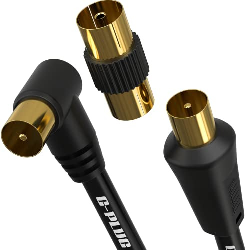 G-PLUG 1.5m cable de antena TV con adaptador RF y conector de ángulo recto – cable coaxial macho-macho chapado en oro – alargador para televisor, receptor DVB-T2, decodificador satélite