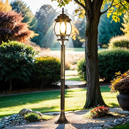 Luminaire de chemin en aluminium et verre noir doré IP23 pour jardin H:115,5 cm E27 Lanterne rustique lampe sur pied style maison de campagne extérieure BREST
