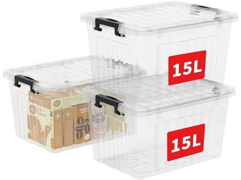 Cetomo 15L*3 Cajas de Almacenamiento con Tapas, Contenedores de Plástico con Broches de Enganche, Apilables, Encajables, Organizador Rayado para Ropa Juguetes Armario, Transparente, 15L-3 Pack