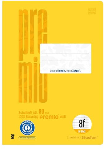 Staufen premio Schulheft - 10 Hefte je 16 Blatt, DIN A5, Lineatur 8f (5x7mm rautiert mit Rand), 90 g/m² Recyclingpapier, runde Ecken verhindern „Eselsohren“