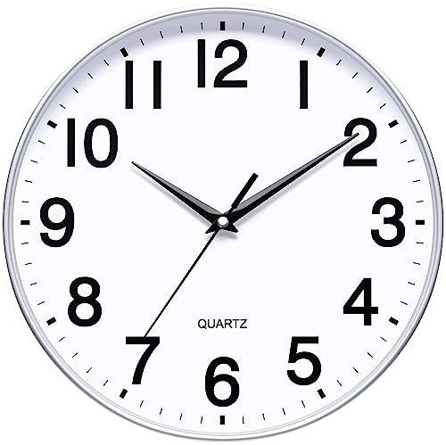 KSYOU Orologio da parete rotondo, 30 cm, colore argento, orologio da parete silenzioso e senza ticchettio, semplice orologio da parete per soggiorno, camera da letto, cucina, decorazione scolastica